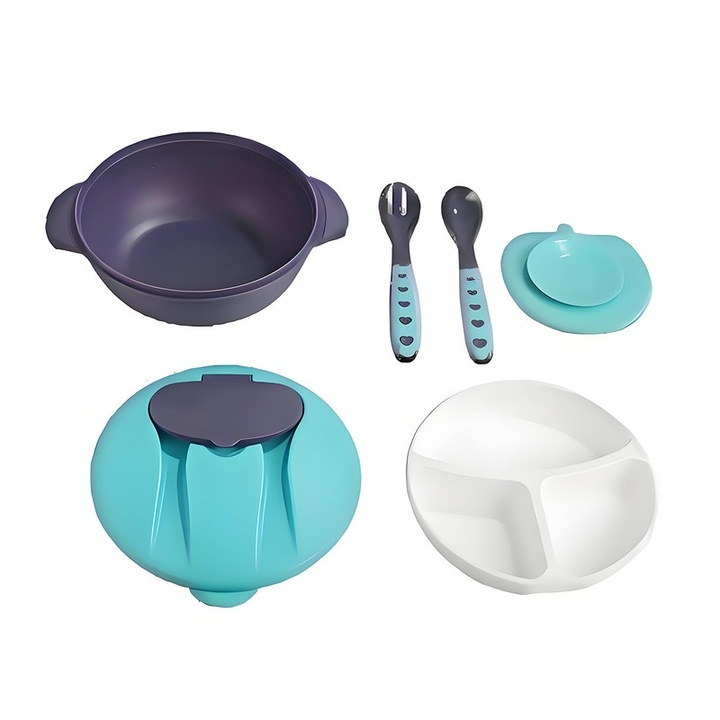 Set de hranire pentru copii, 6 piese, bol, farfurie cu 3 compartimente, furculita, lingura, capac de protectie, ventuze din silicon, albastru, 3 luni+