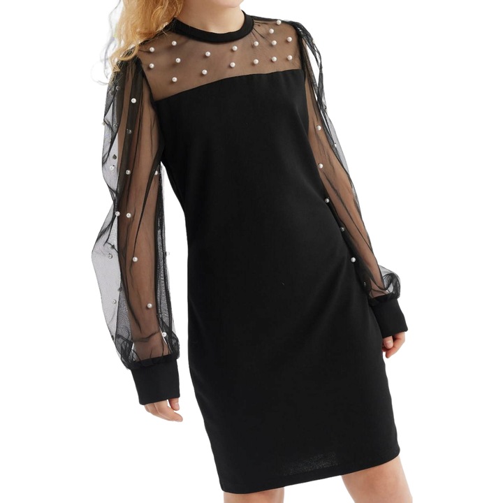 Rochie Fete Elegantă Swing Neagră cu Mâneci Bufante și Detalii din Perle – Perfectă pentru Ocazii Speciale, Negru, 128-134 CM