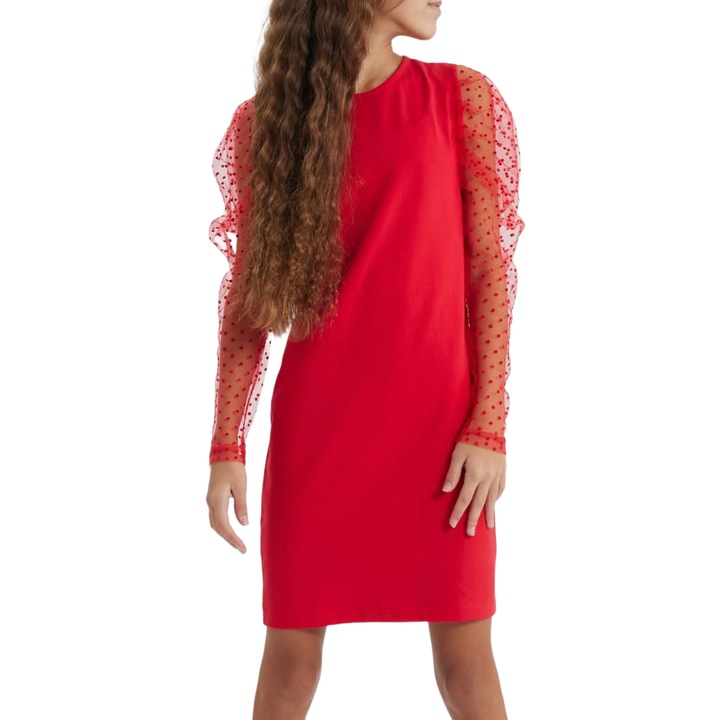 Elena elegáns lányruha, piros, pöttyös tüll ujjakkal, ideális különleges alkalmakra, Piros