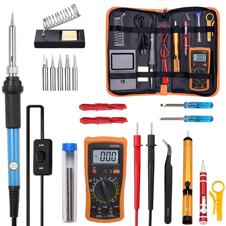 Kit de lipit 21 piese, Wacorresi, pistol de lipit 60W, temperatura ajustabila, suport pentru pistol de lipit