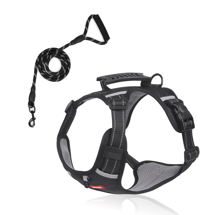 Set ham/lesa pentru caini AONYIYI, material respirabil, elemente reflectorizante, negru, M