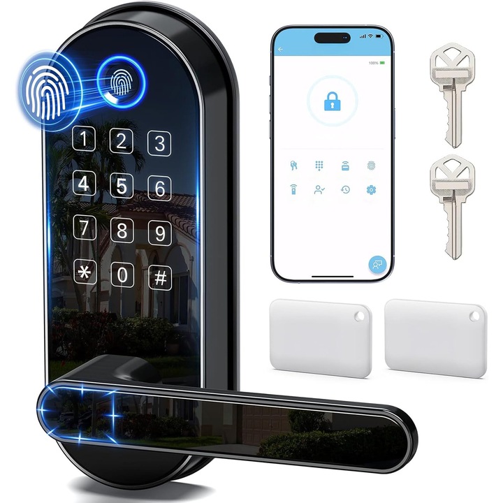 Брава Yala Intelligent Elindor®, с пръстов отпечатък и клавиатура за влизане без ключ, идеален за входни врати, спалня, с биометрично заключване, работа с код, черен