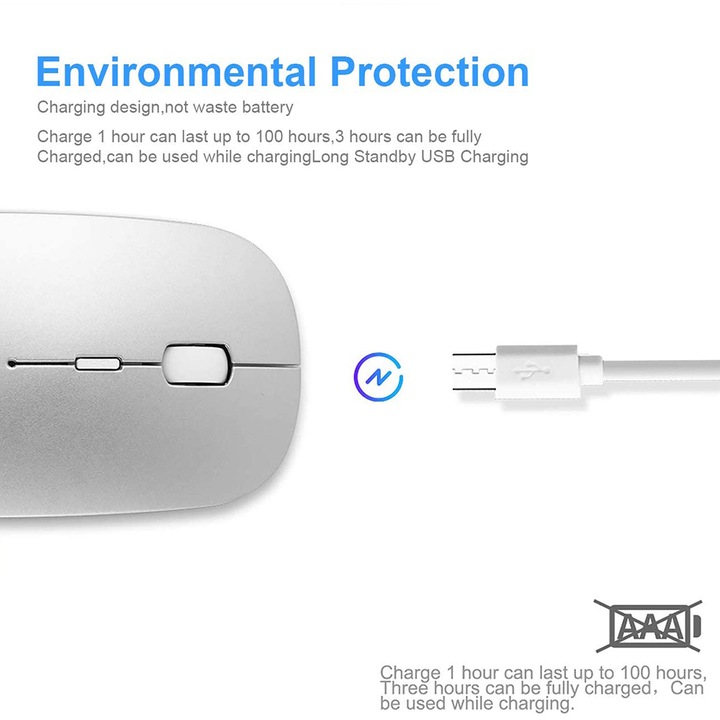 Безжична Bluetooth мишка, презареждаема, черна, 3 нива DPI, универсална, мини