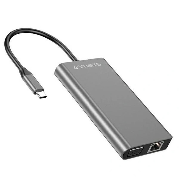 USB-C хъб 4smarts 8в1, 60W, 5 Gbit/s, сив