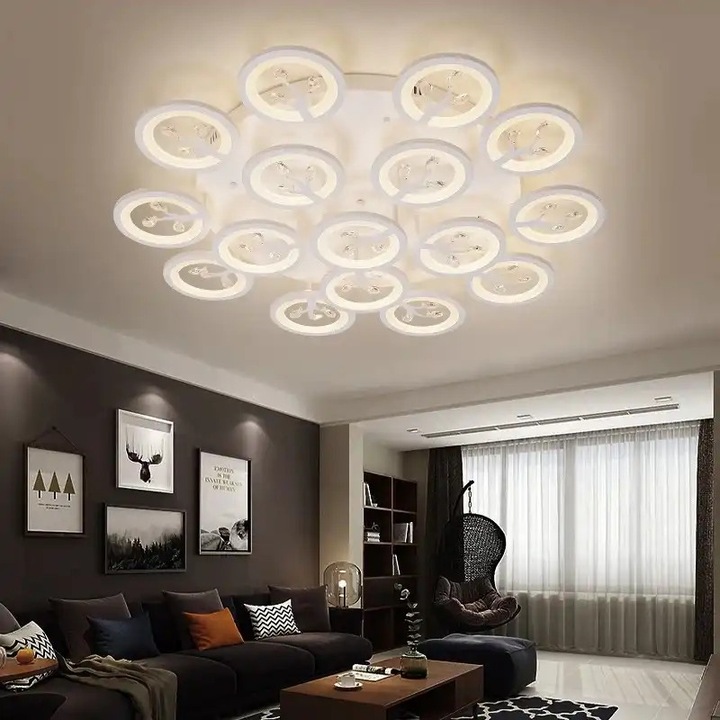 Lustra LED, telecomanda inclusa, alba, rotunda, 280W, trei tipuri de lumina, calda, neutra si rece, intensitate reglabila, dimensiuni (L, l, h) 100x100x15cm, clasa protectie IP21, montaj tavan