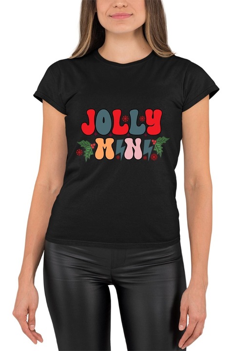 Tricou dama cu imprimeu, Craciun - Jolly X-Mas, Bumbac, Negru, L