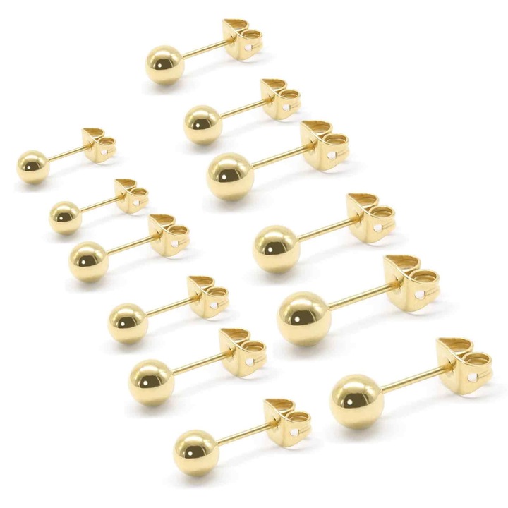 Set 6 perechi cercei din inox, auriu, dimensiuni 3-8mm, pentru femei si barbati, Enforose