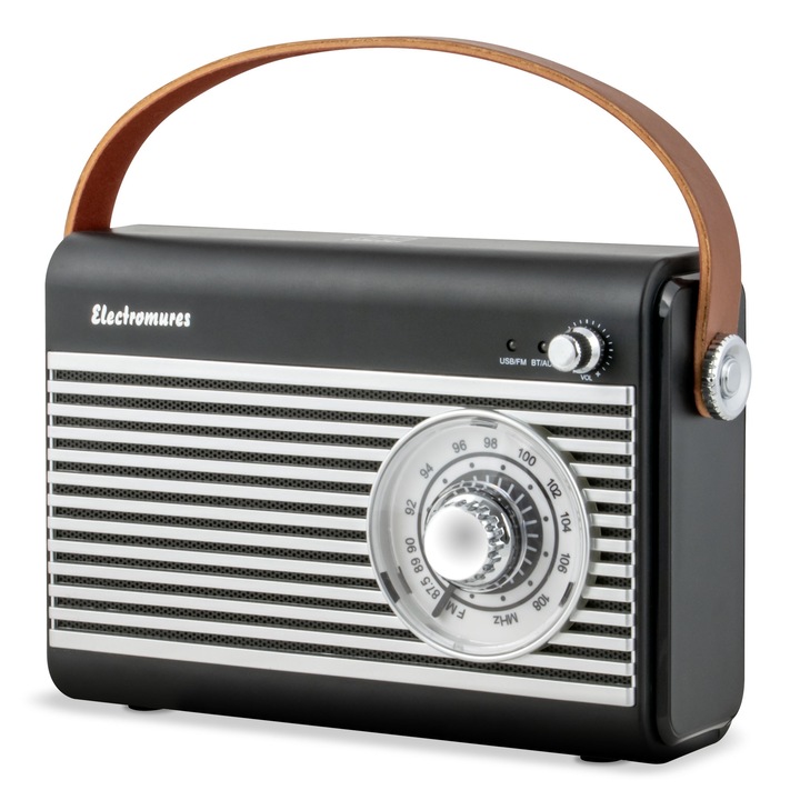 Radio retro cu difuzor Bluetooth Electromures EM 1007, 5V, Baterie incorporata 1500 mAh, Autonomie 6 h, Port USB, Port mini jack, Antena telescopica, Negru