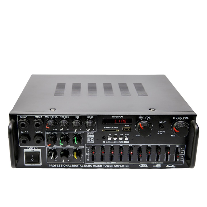 Bluetooth erősítő, equalizer, 150W nagy teljesítmény, 12V/220V, 90dB, HIFI hangminőség, kétcsatornás, fekete