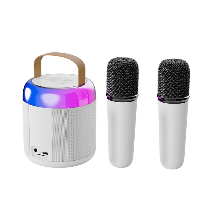 Set difuzoare karaoke Bluetooth 5.3 cu 2 microfoane wireless, 6W, lumini RGB, alb