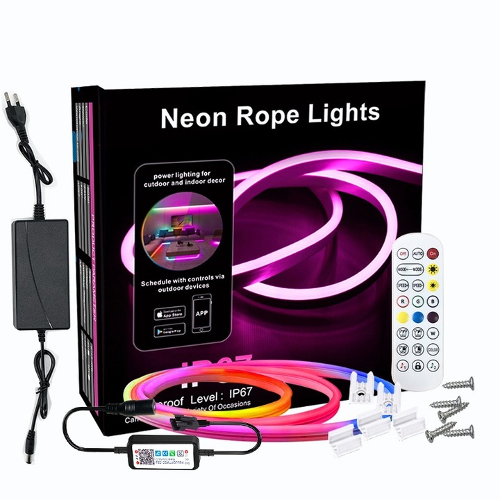 Неонова LED лента, RGB, гъвкава, силиконова, 5м, управление на музика, Bluetooth