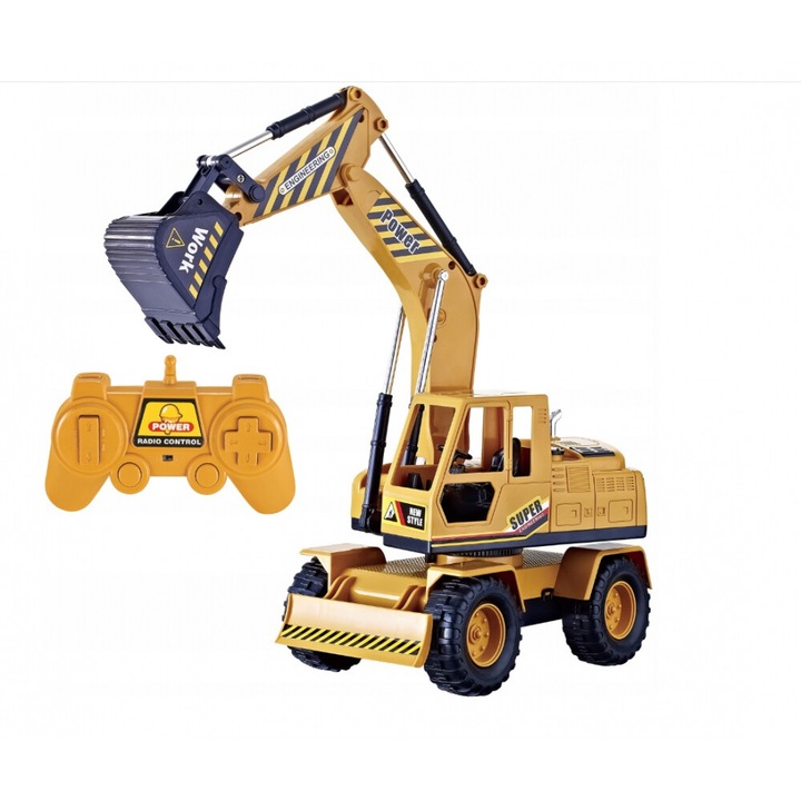 Excavator electric cu acumulator si telecomanda Matadi 2in1 Truck Power Yellow cu brat mobil controlabil din telecomanda, aspect realistic