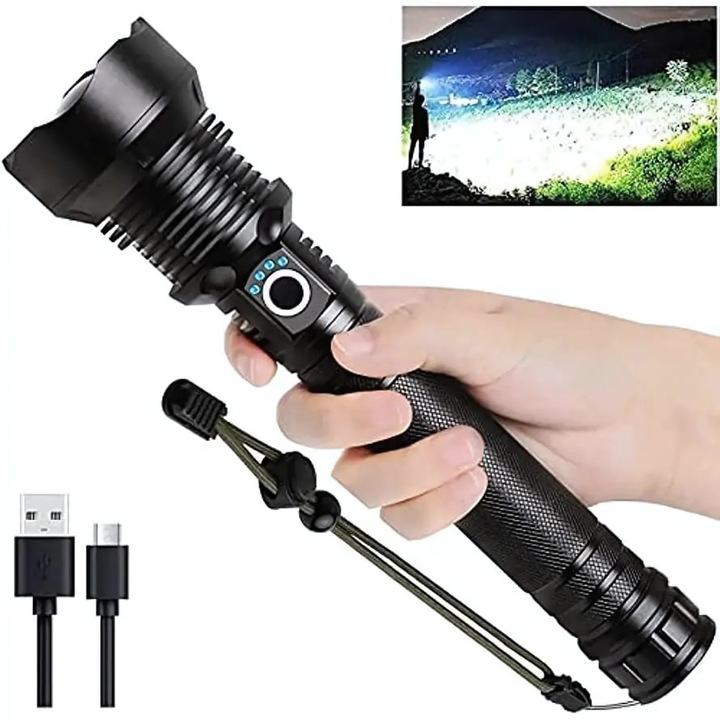 Тактически фенер FOTOFUN със супер мощен USB акумулаторен авиационен алуминиев светодиод, 4000 лумена, мащабируем, 3 режима, IPX5, 10000mAh