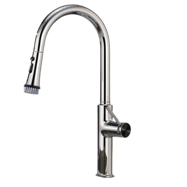 Robinet de Bucatarie Extensibil Premium REGALEON®, cu Cap de Spalare Retractabil si Perie, Rotire 360°, Control Dual Pentru Temperatura, 3 Jeturi, Design Modern si Durabil, 60cm, Crom