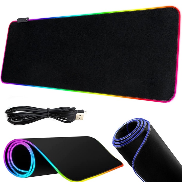 Mousepad de gaming VarioShop® cu iluminare LED, Confectionat din material flexibil, antiaderent si rezistent la umiditate, 4 module de iluminat, 7 culori, Cablu de aprox. 180 cm, Calitate premium, Dimensiuni 80 x 0.3 x 30 cm, Negru