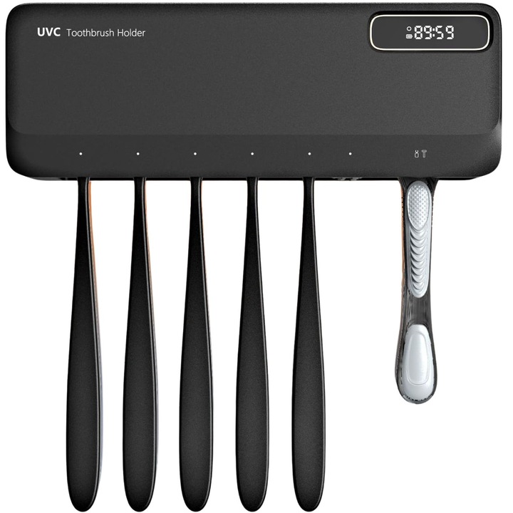 Suport periute de dinti electrice si manuale cu sterilizare UV si uscare MACASORE cu 5+1+1 sloturi, montaj pe perete fara gaurire, rezistent la umiditate, ideal pentru baie, pentru igiena zilnica, acumulator reincarcabil de 2000 mAh, negru
