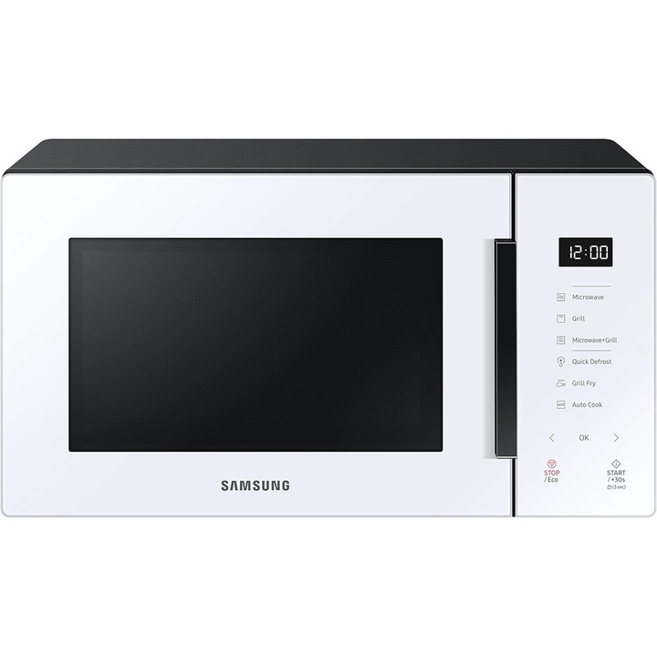 Микровълнова фурна Samsung MG23T5018CW, 23 л, 800 W, 6 степени на мощност, LED сензорен дисплей, Тава 28,8 см Бяла/Черна