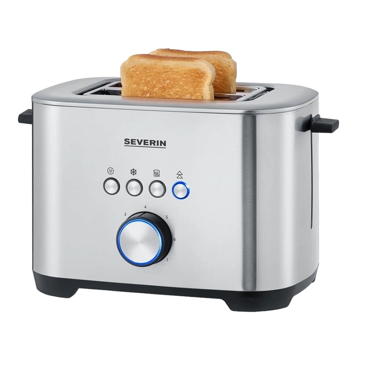 Prajitor de paine Severin, pentru 2 felii de paine, 7 trepte de putere, functie anulare, oprire automata, centrare felii de paine, functie dezghetare, suport chifle inclus, tava firimituri, picioare antiderapante, inox