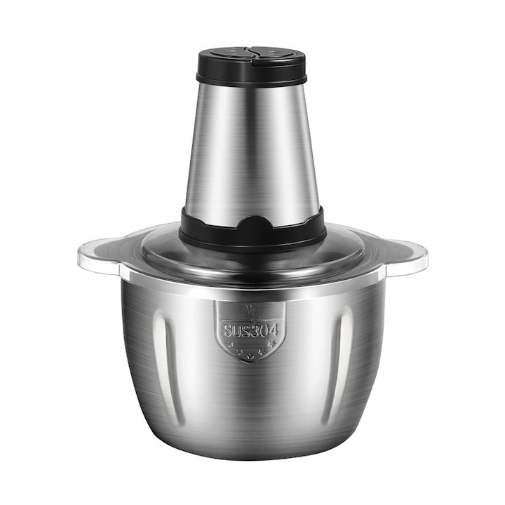 Masina de tocat carne SOKANY,2 viteze reglabile, lama inox, cu boluri de 2L si 0.7L, 400W, carcasa inox, priza standard european, negru + argintiu