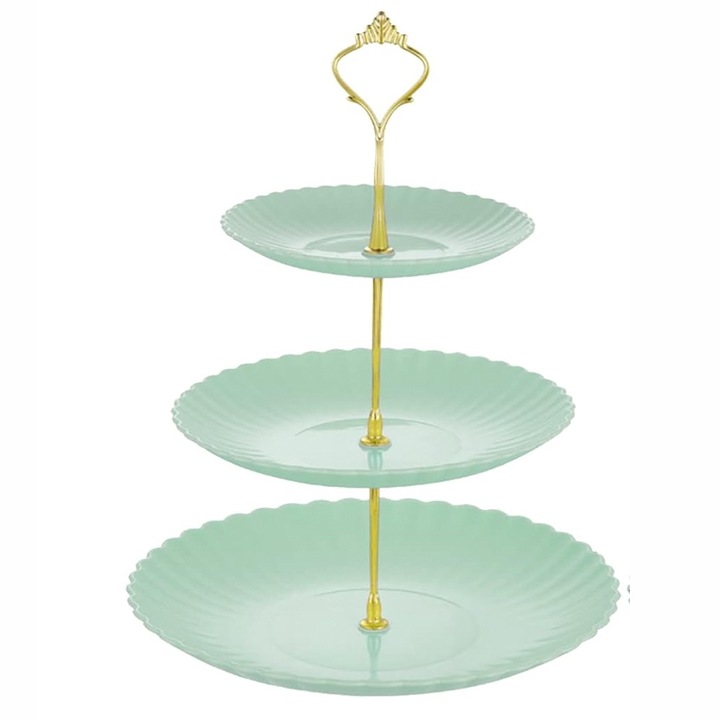 Плато на 3 нива Pufo Candy, за плодове, торти, тарти, мезета, метална дръжка, светло зелено