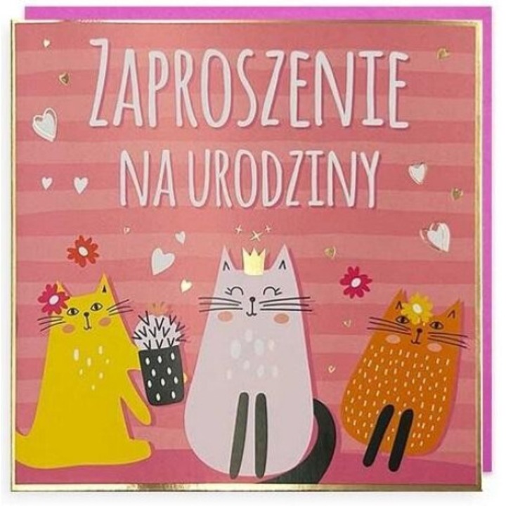 Invitatie de ziua de nastere set 5 bucati Kukartka, 145x145mm, decoruri aurii si argintii