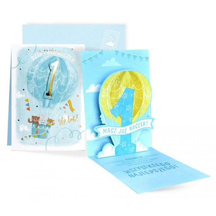 Felicitare B6 Kukartka Urodziny Roczek, 11.7x16.6cm, cu envelope, decoratiuni perlate si aurii