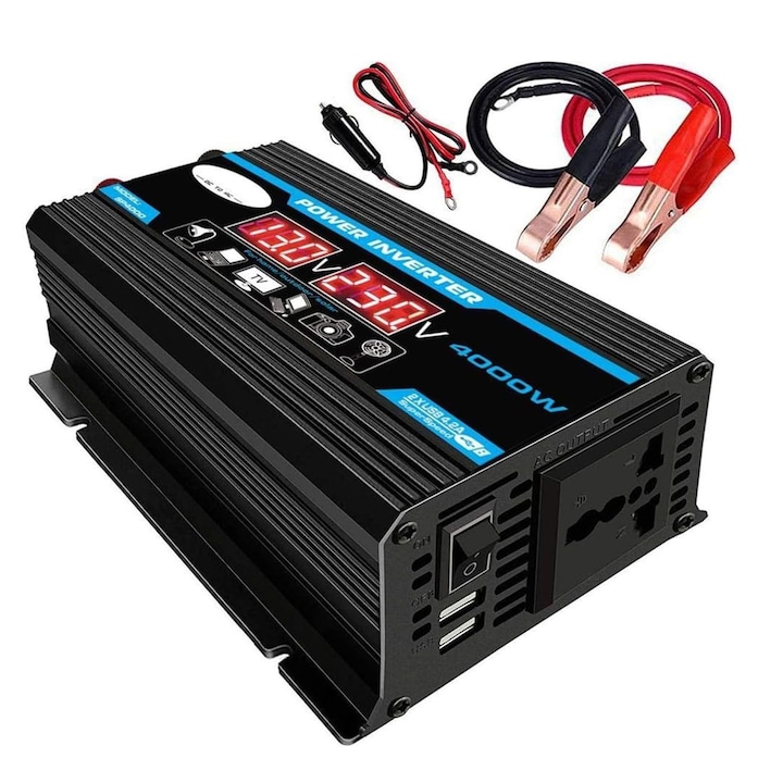 Invertor de putere 4000W, Enforose, DC 12V la AC 220V, 2 porturi USB, protectie completa, negru