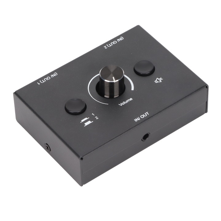 3,5 mm-es audio kapcsoló, 2 bemenet, 1 kimenet, 1 mozgatógomb, fekete, 7,8x5x2cm