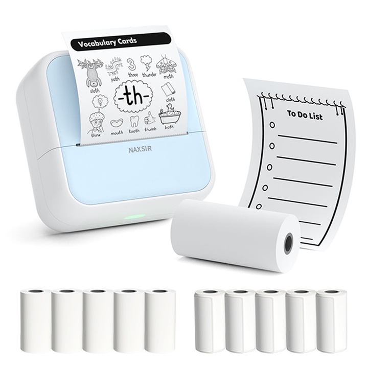 Комплект мини портативен термопринтер, NAXSIR, 1200mAh, Bluetooth, iOS/Android съвместим, APP печат, 5 ролки хартия и 5 ролки лепкава хартия, син