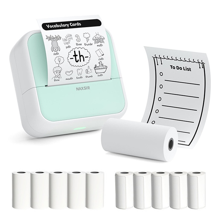 Комплект мини преносим термопринтер, NAXSIR, 1200mAh, Bluetooth, iOS/Android съвместим, APP печат, 5 ролки хартия и 5 ролки лепкава хартия, зелен