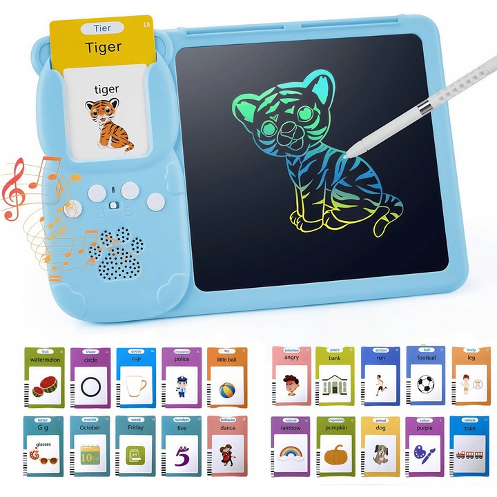 Jucarie educativa Montessori pentru copii, RorAem®, cu carduri interactive, 510 cuvinte vizuale, design prietenos pentru copii, portabila, 2 ani+, Set masina de invatare a cititor de carduri, Albastru