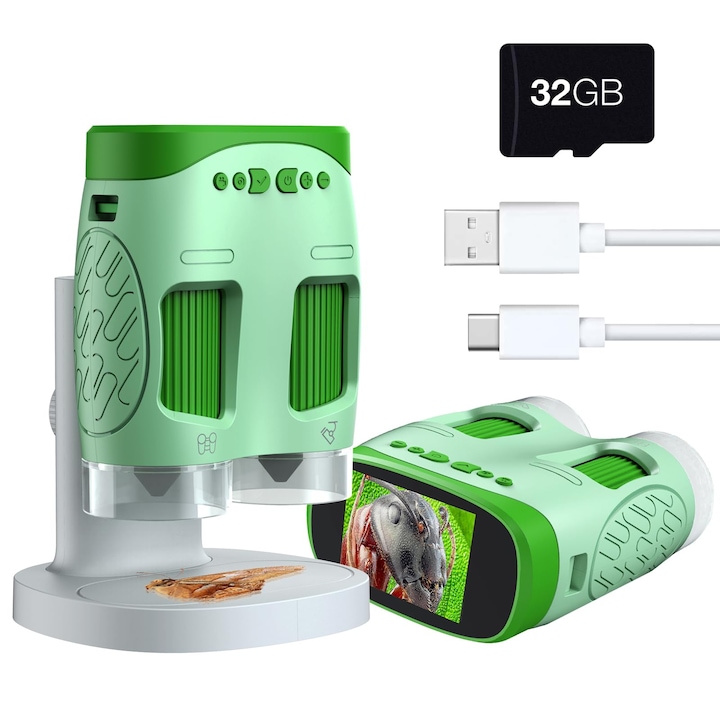 WALALLA 3 az 1-ben digitális mikroszkóp gyerekeknek, teleszkóp, digitális fényképezőgép, 800X zoom, 2 hüvelykes képernyő, zöld, teljes készlet