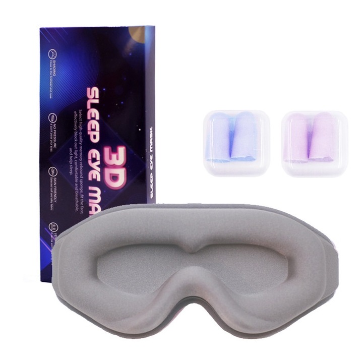 Masca de somn 3D, spuma cu memorie, 25x10x2cm, set cu doua casti de somn，Gri