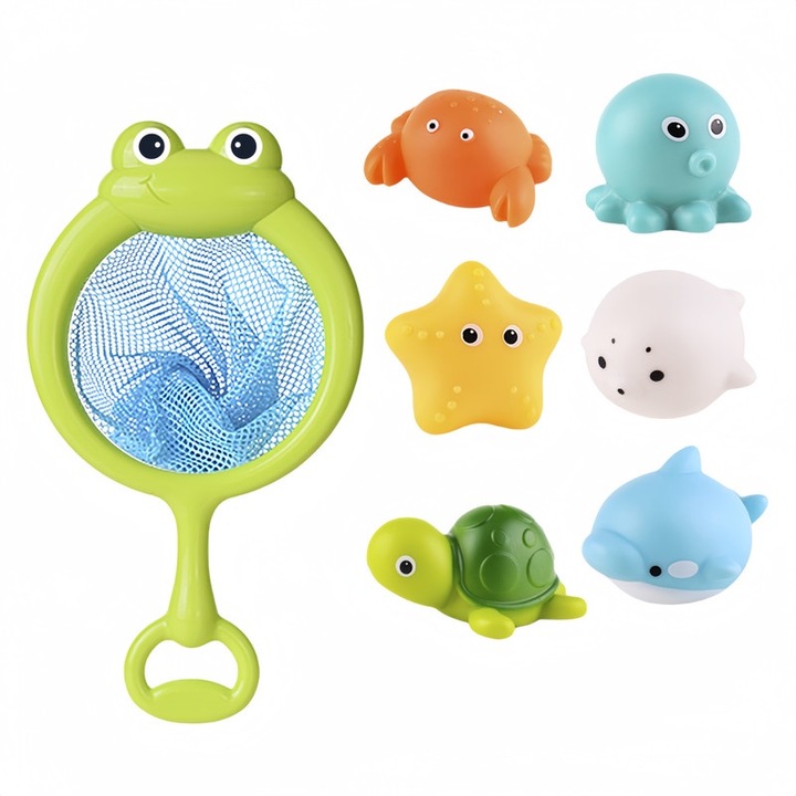 Babafürdős játékkészlet, 7 részes, 1 db békahalászháló, 6 db állat, többszínű, ABS