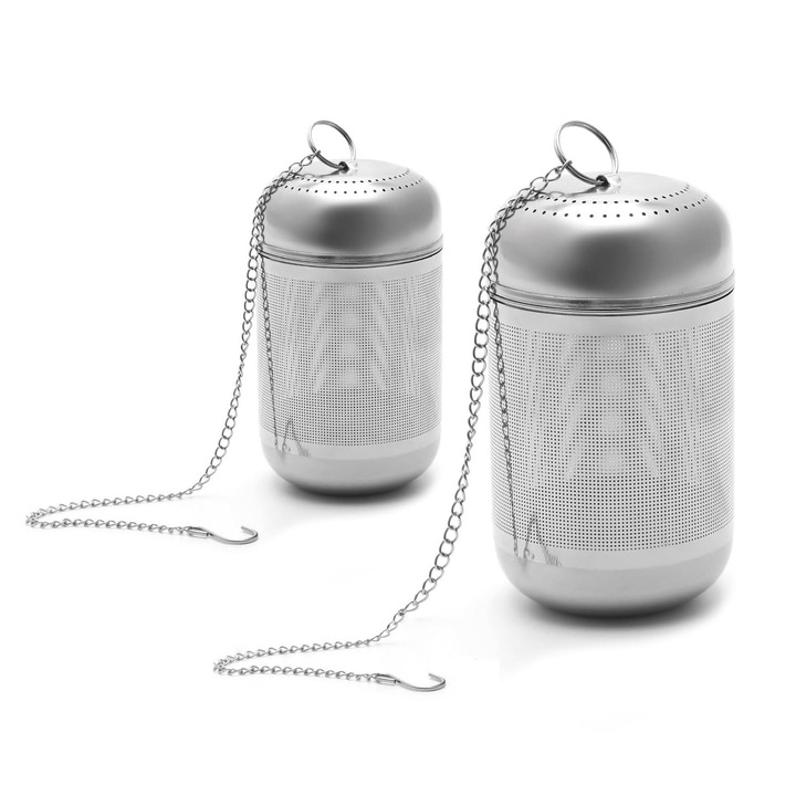 Set 2 infuzor ceai, design carlig, plasa ultra fina, compatibil condimente, Ierburi, inox, dimensiuni diferite, Argintiu