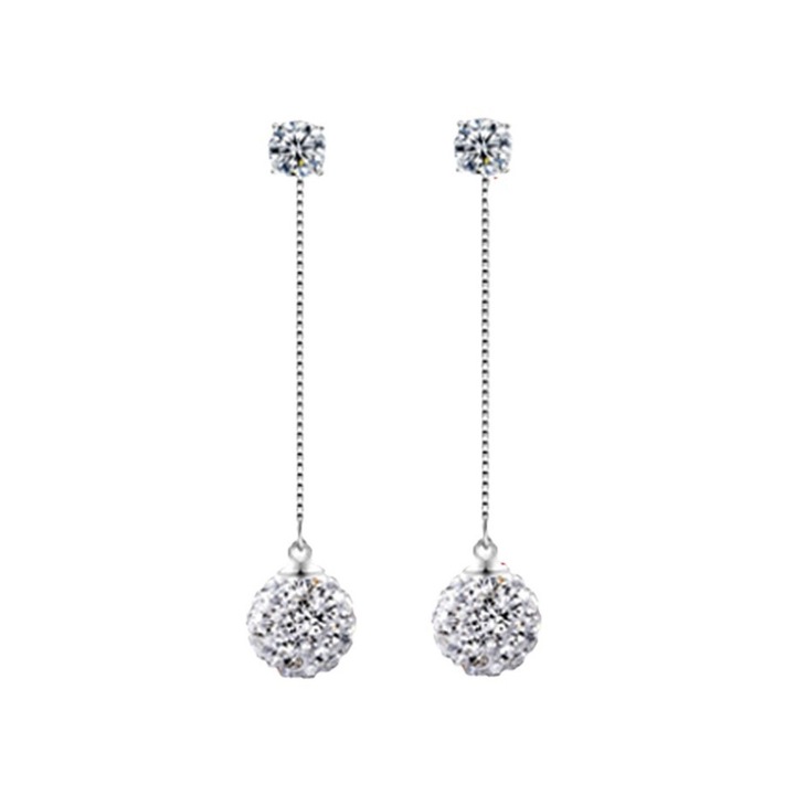 Дълги обеци с висулка, Инкрустирани с цирконий, Покритие от бяло злато, Диаметър 8 мм +4 мм, Дължина на обецата 65 мм