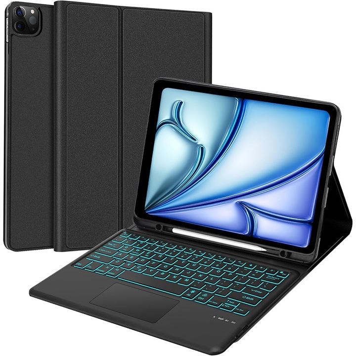 Клавиатура за таблет，За iPad Pro 13 инча M4 2024 Apple, 7-цветна Bluetooth безжична осветена кутия за клавиатура, подвижна клавиатура, интелигентен мултитъчпад с държач за писалка, автоматично заспиване/събуждане, международен английски, румънски, черен