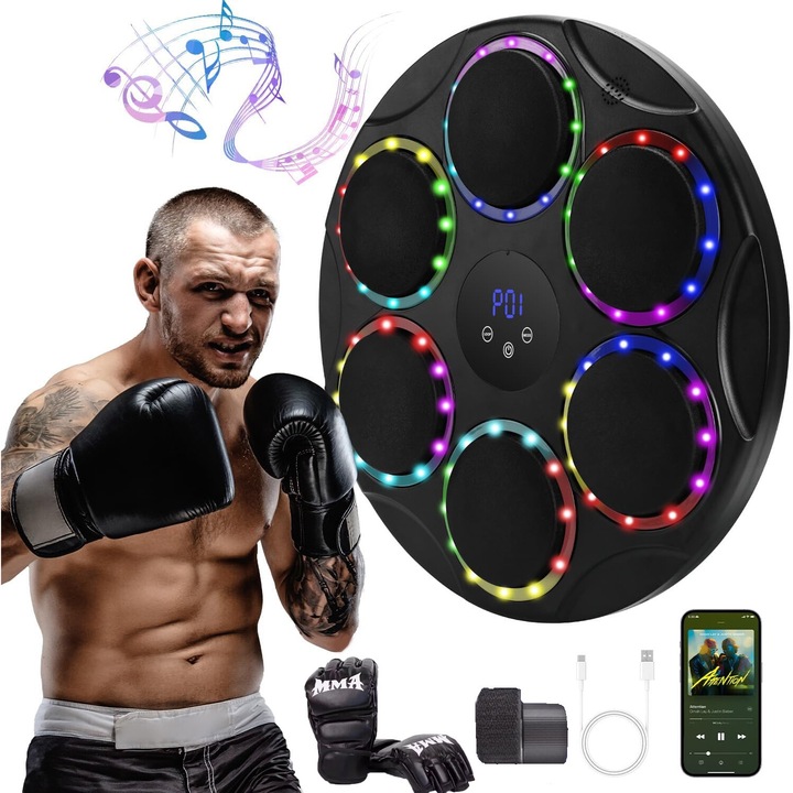 Музикална машина за бокс Puepoul, Boxing Machine, Вграден високоговорител, Bluetooth връзка, 9 програми за скорост, LED осветление на зоната на удара, 9 режима на осветление, Възможност за монтиране на стена, Включени ръкавици