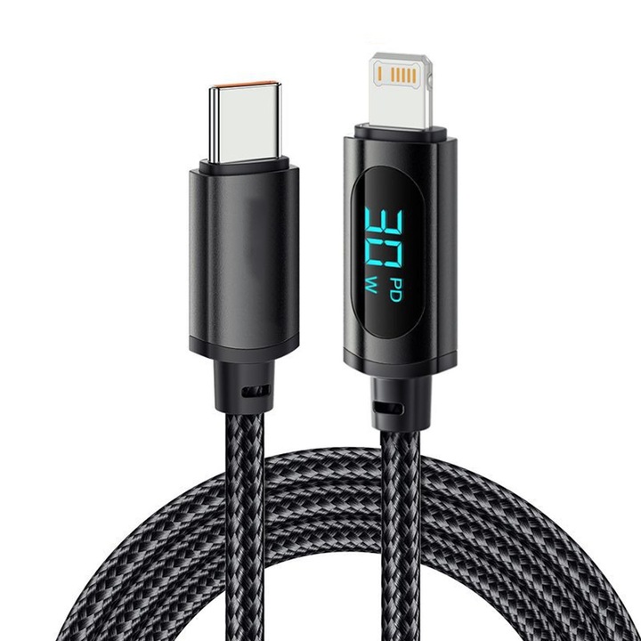 Cablu de data si incarcare rapida, Hggzeg, C - L, Afisaj digital de putere LED, 480 Mbps, Compatibilitate universala, Cablu USB Durabil, Flexibil, Pentru incarca majoritatea tipurilor de dispozitive, Metal/ Impletitura de nailon, 2m, Negru