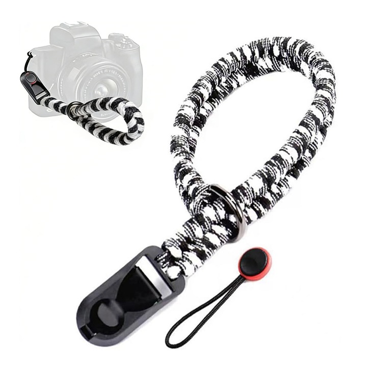 Curea aparat foto, SINBINTA, Curea de mana pentru camera, Eliberare rapida, Ajustabila si detasabila, Instalare rapida, Pentru SLR si camere video cu interfata orificiu rotund/orificiu dreptunghic, Nailon / Metal, 2 * 40 cm, Alb/ Negru