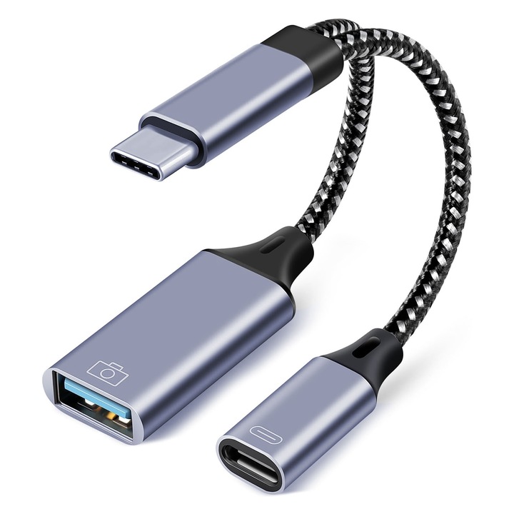 USB C към USB адаптер, SINBINTA, USB тип C мъжки към USB 3.0 женски OTG адаптер, 2 в 1 USB C сплитер, с 10 W PD адаптер за зареждане Пренос на данни, високоскоростно предаване, издръжлив, съвместим с лаптоп, таблет или смартфон, метален, 12 см