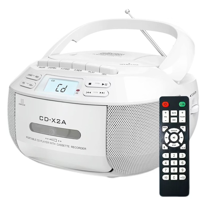 Мултифункционален преносим CD плейър, SINBINTA, Bluetooth 5.1, Функция за синхронизиране, С LED дисплей, Вградени двойни високоговорители, Дистанционно управление, Съвместим с аудио формати CD/CD-R/CD-RW/MP3/WMA, Пластмаса, 21,6*21,3*12,2 см, Бял