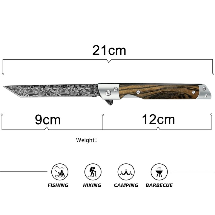 Cutit pliabil premium, Hggzeg, Briceag automat, Cu husa din piele, Lama cu varf patrat, Maner lemn, Anti rugina, Ascutit si durabil, Pentru vorba de activitati in aer liber, Lama cutitului 90mm, Otel inoxidabil, 21 cm, Maro