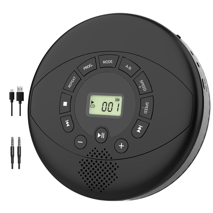 Мултифункционален преносим CD плейър, SINBINTA, Акумулаторен преносим bluetooth CD плейър, Поддържа USB AUX вход, С LED дисплей, Вградени високоговорители, За кола, дома, пътуване, Пластмаса, 21,6*21,3*12,2 см, Черен