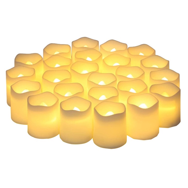 Lumanari votive fara flacara, SINBINTA, Set de 24 lumanari LED, Alimentate cu baterii, LED-uri palpaitoare, Simulare flacara, Ceara fara fu, Pentru a decora seminee, mese, baruri, decor de nunta, Plastic, 3.6*3.8cm, Ivory