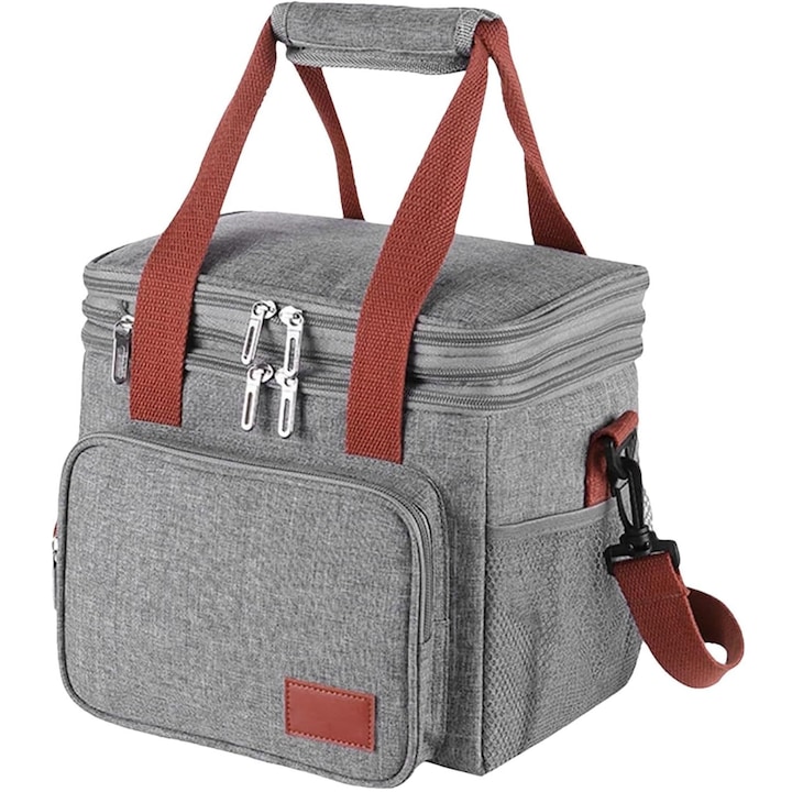 Изолирана чанта, Hggzeg, 2 слоя хладилна чанта за къмпинг, изолирана чанта за пикник, непропусклива и водоустойчива, запазва храната студена/топла, за офис, работа, училище, Оксфордски плат, 24,5 x 16,5 x 29 cm, сива
