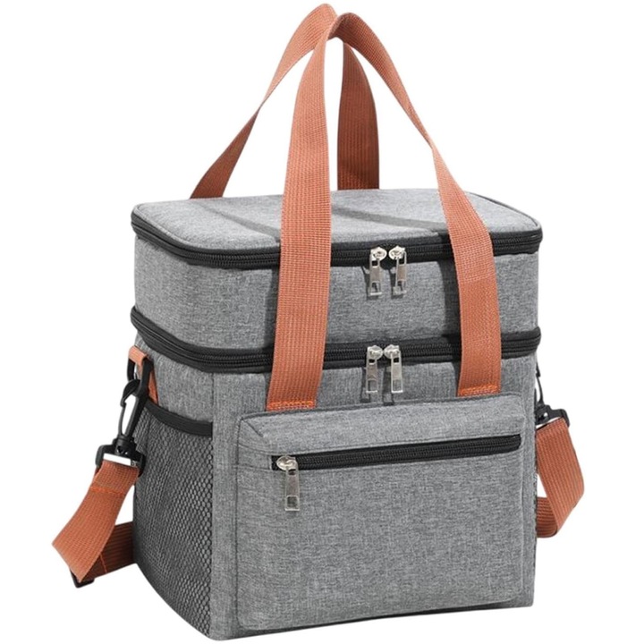 Изолирана чанта, Hggzeg, 2 слоя охладителна чанта за къмпинг, чанта Bento, устойчива на течове и водоустойчива, запазва храната студена/топла, за офис, работа, училище, плат Оксфорд, 25 x 18 x 27,5 см, сиво/черно
