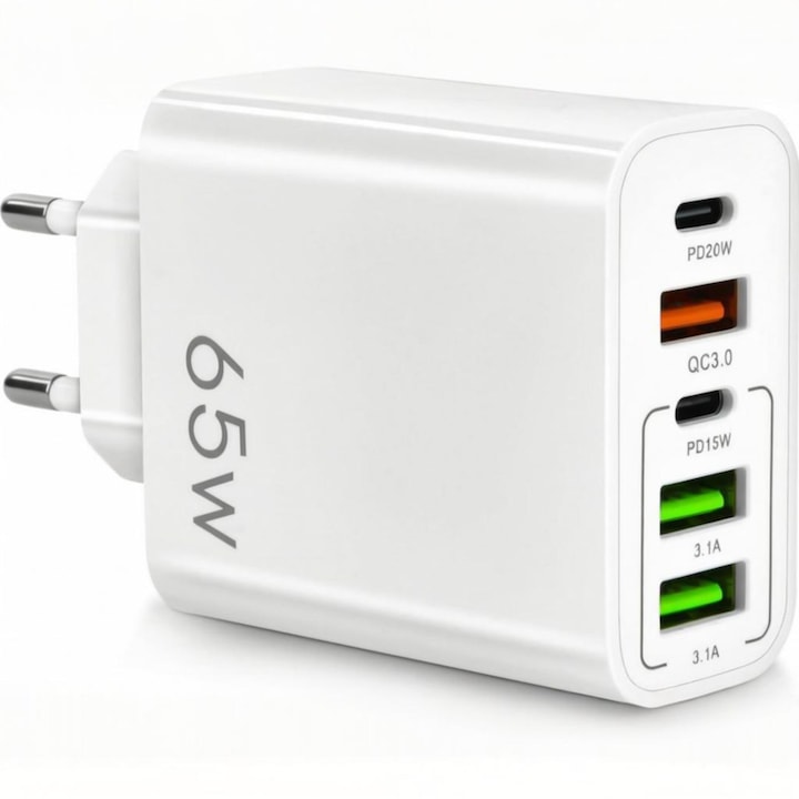 Мрежово зарядно устройство, 5 порта, 65 W бързо зареждане, 3 x USB, 2 x Type-C, универсален мултипорт, съвместимо с телефон, смарт часовник, iPhone 15 14 13 12 11 PRO MAX, бял