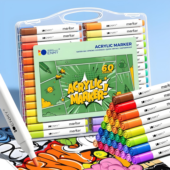 Set de 60 Carioci Markere cu Vopsea Acrilica ENMY – Markere Premium Permanente cu Varf Fin pentru Hartie, Lemn, Panza, Piatra, Sticla, Ceramica, Pictura pe Textile – Carioci Colorate pentru Copii si Adulti, Arta DIY si Crafting