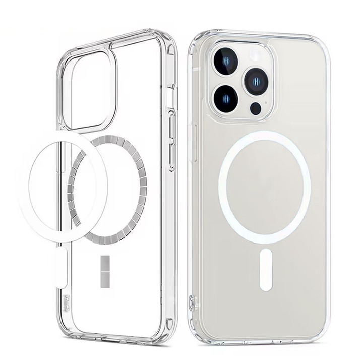 Husa pentru iPhone 13/14, Yulinland®, ingrosa, Protectie sporita, cu incarcare Magsafe, Full protection, Silicon, Transparenta